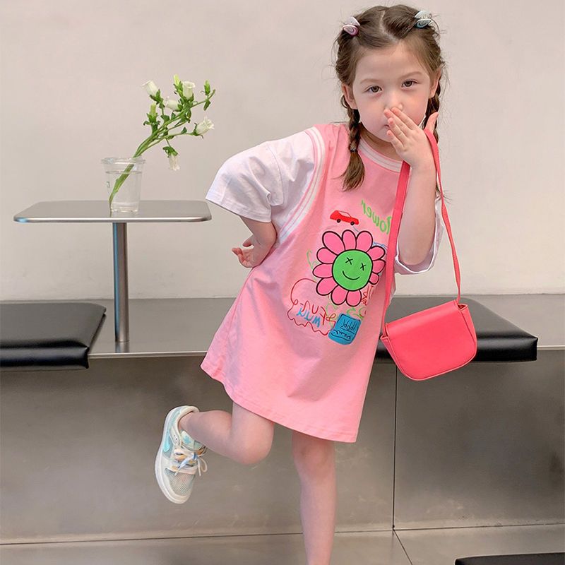 女童連衣裙夏季洋氣中長款寬鬆T恤假兩件韓版兒童裙T寶寶夏裝裙子
