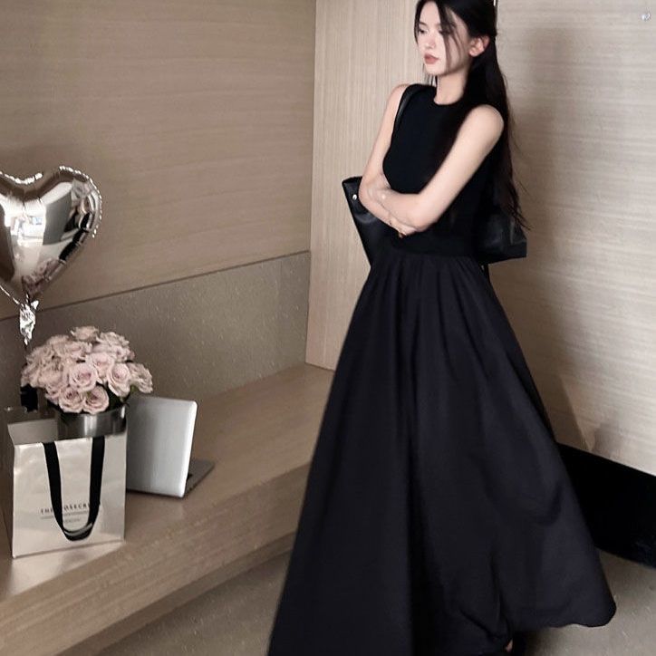 Black sleeveless vest dress fairy summer French Hepburn style simple temperament high-end mid-length skirt