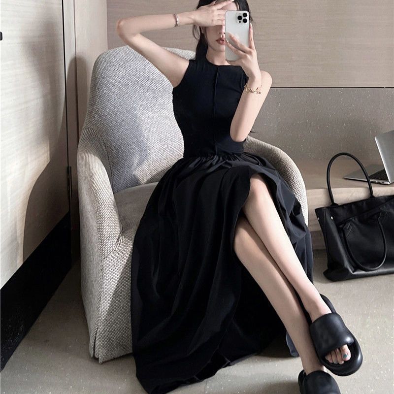 Black sleeveless vest dress fairy summer French Hepburn style simple temperament high-end mid-length skirt