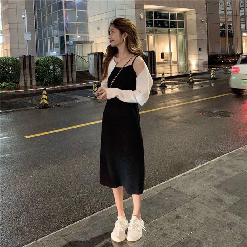 2022 new summer Korean version slim slim all-match slit mid-length skirt black temperament suspender dress female