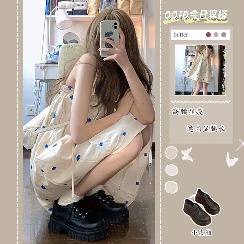 2022新款甜美寬鬆設計感小個子顯瘦短裙純欲風吊帶無袖連衣裙女夏