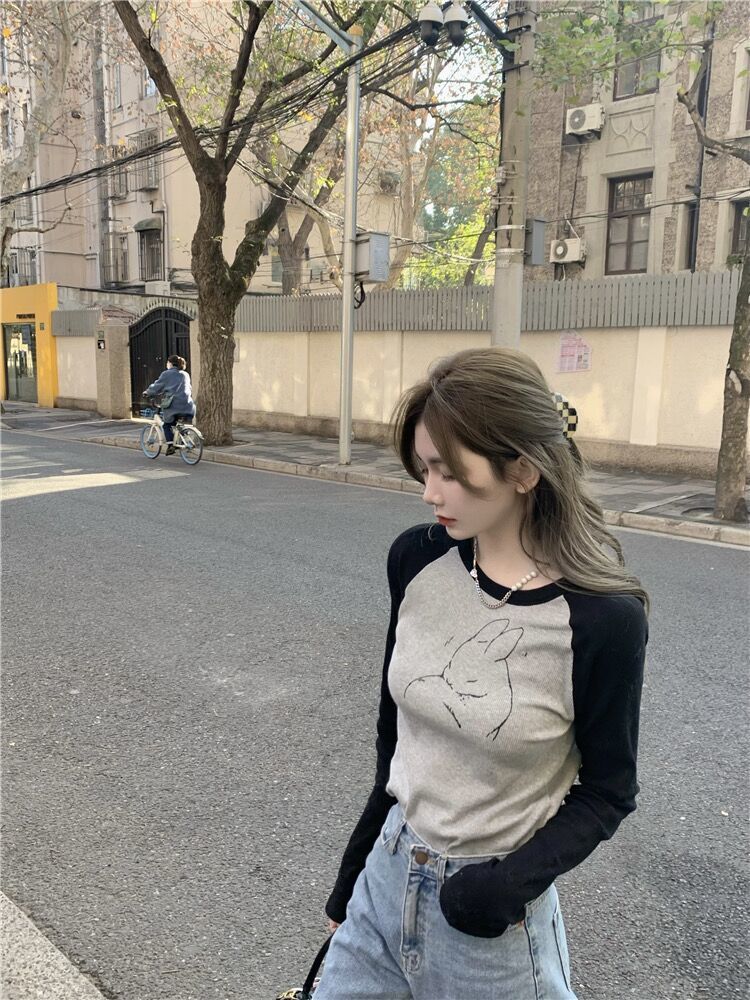 Spring and autumn slim long-sleeved t-shirt women's ins wind salt series short section no navel all-match age-reducing top inner bottoming shirt winter