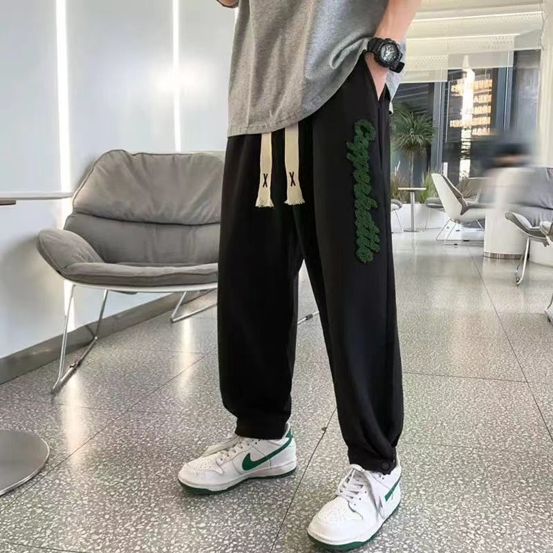 美式毛巾繡褲子男夏季潮牌大碼薄款九分褲寬鬆運動束腳華夫格衛褲