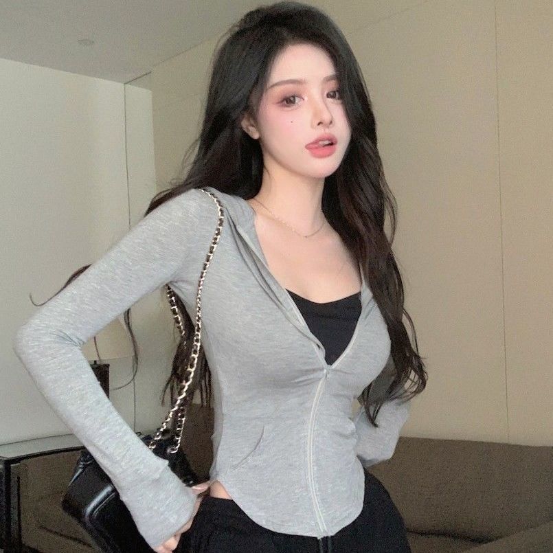 Spring and summer Hyuna wind top cardigan Thin section female tight waist hot girl showing chest outside wearing hooded small jacket autumn and winter tide