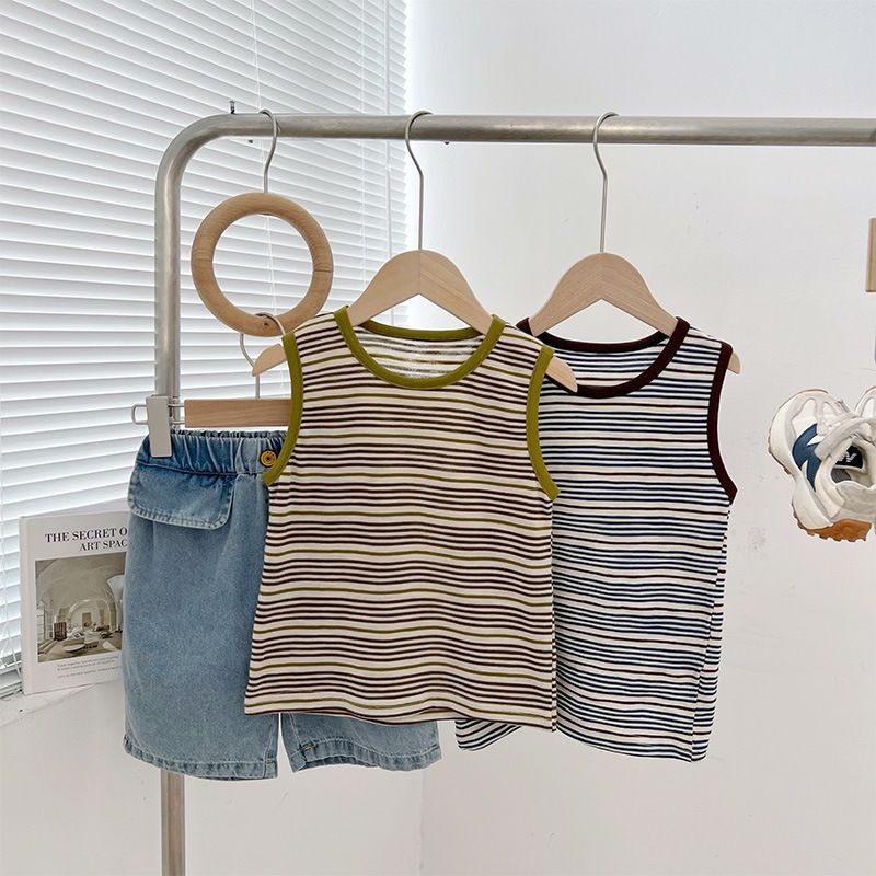100% cotton children's boys and girls  new summer striped print quick-drying breathable sleeveless vest top