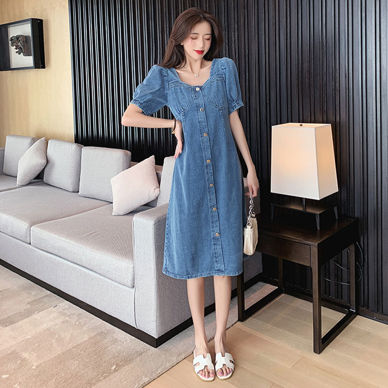 減齡氣質牛仔連衣裙女夏季2022大碼胖mm收腹顯瘦背帶短裙子泡泡袖