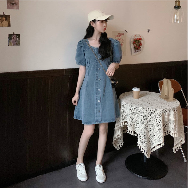 設計感泡泡袖牛仔連衣裙女夏季2022年大碼胖mm減齡氣質背帶短裙子