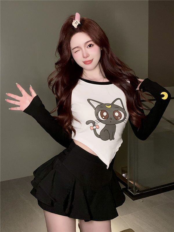 Spice Girl Slim Chest Top Female Student High Waist Short Section Tight Long Sleeve T-Shirt Spring and Autumn Irregular Bottom Shirt Winter