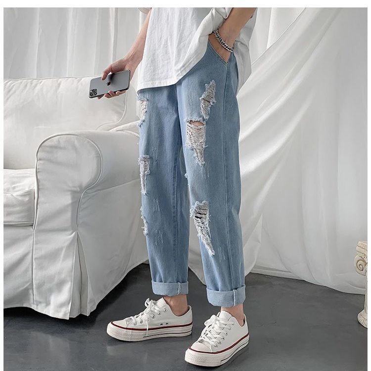  Autumn Ripped Jeans Men Plus Size Large Straight Loose Harem Pants Korean Trendy Casual Pants Men