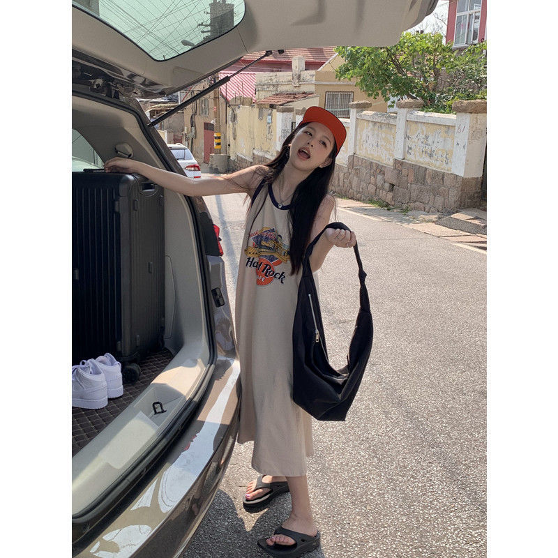 美式無袖吊帶小背心連衣裙女夏季露背休閒長裙慵懶風度假T恤裙子