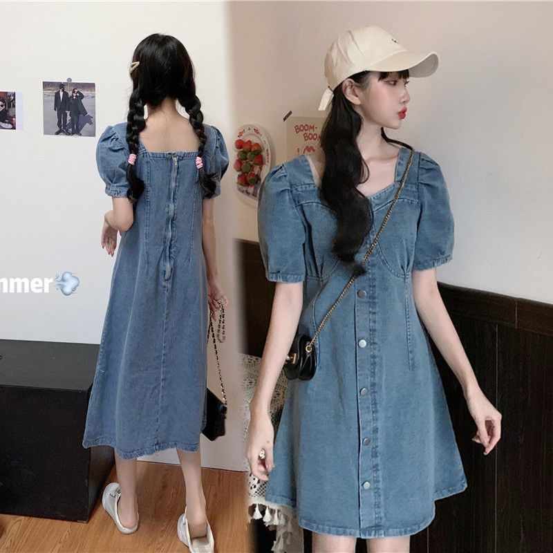 減齡氣質泡泡袖牛仔連衣裙女夏季大碼胖mm收腰顯瘦辣妹桔梗短裙子