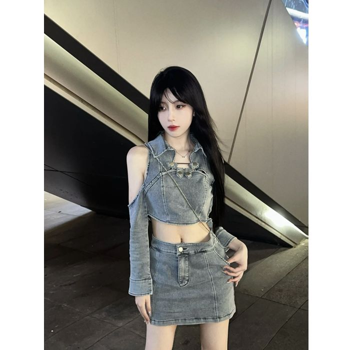 【兩件套裝】復古辣妹設計感露肩短款牛仔上衣女+高腰牛仔短裙