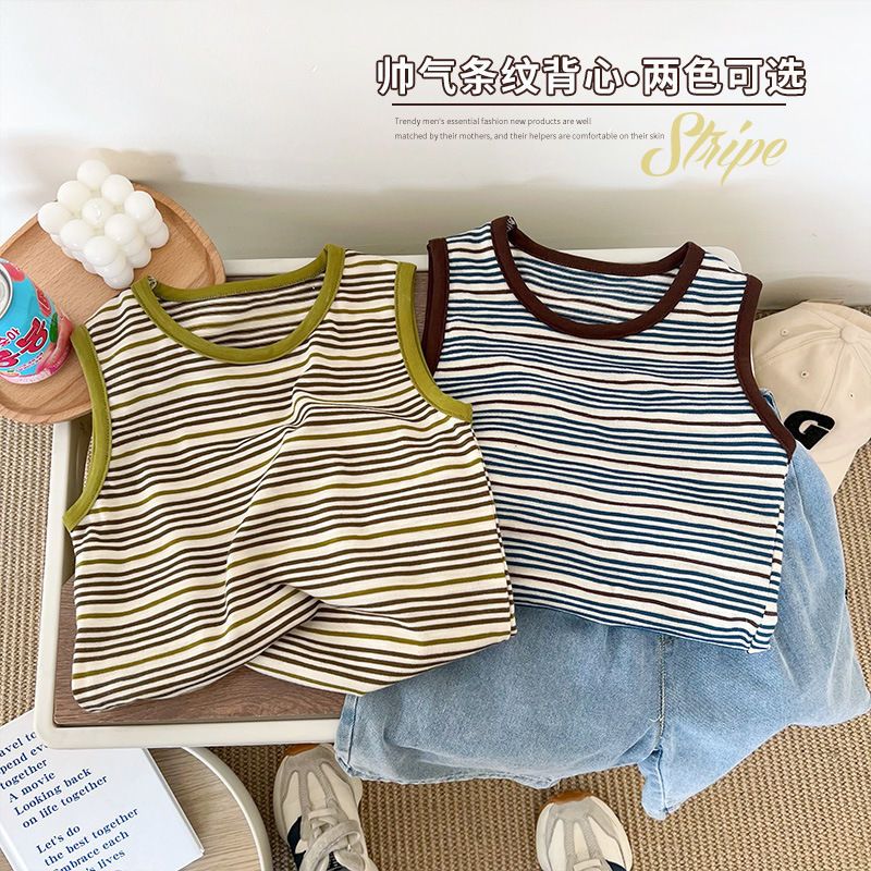 100% cotton children's boys and girls  new summer striped print quick-drying breathable sleeveless vest top