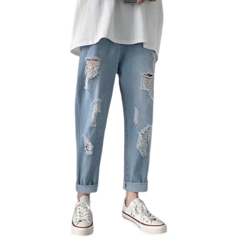  Autumn Ripped Jeans Men Plus Size Large Straight Loose Harem Pants Korean Trendy Casual Pants Men