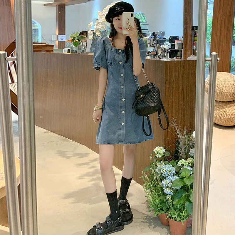 減齡氣質設計感小眾牛仔連衣裙女夏季大碼胖mm收腰顯瘦背帶短裙子