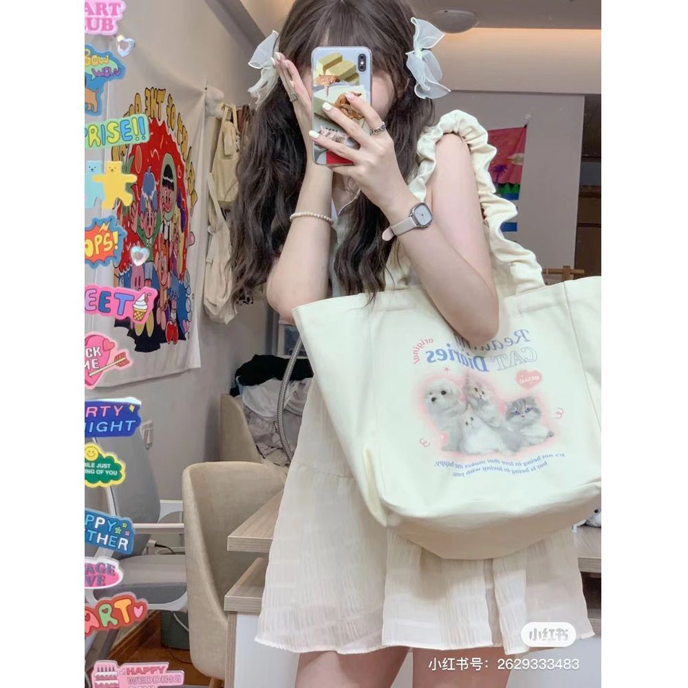 New handbag cat print cute lace canvas bag female students class large capacity tote shoulder bag