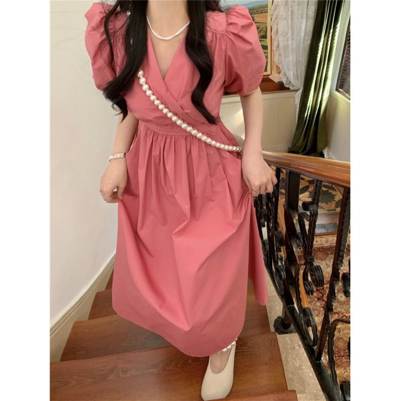 夏季復古收腰A字樹莓色連衣裙女獨特設計感溫柔風甜美小個子長裙