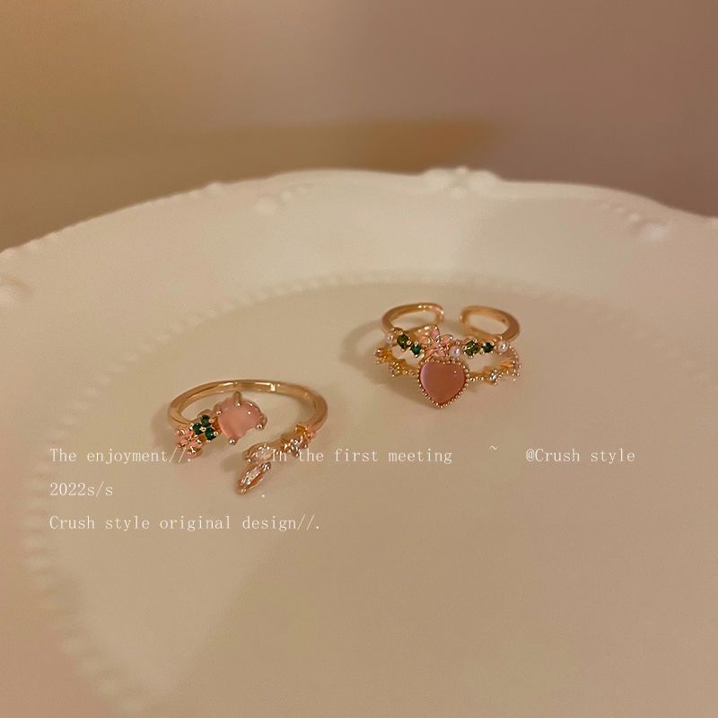 双层爱心锆石开口戒指女甜美设计小众高级感食指戒网红可调节指环