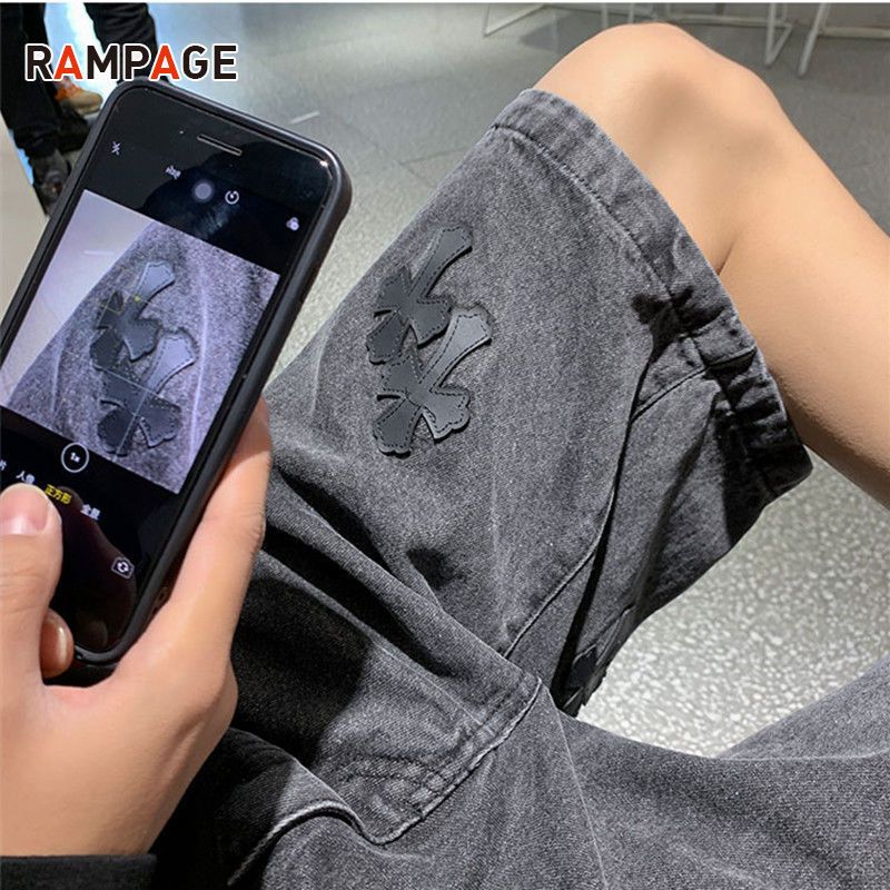 RAMPAGE牛仔短裤男夏季港风十字架高街青少年宽松直筒休闲五分裤