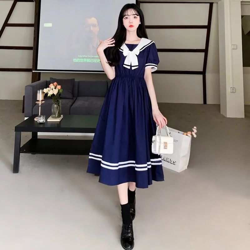 海軍領連衣裙少女夏裝裙子新款初中學生兒童學院風甜美收腰中長裙