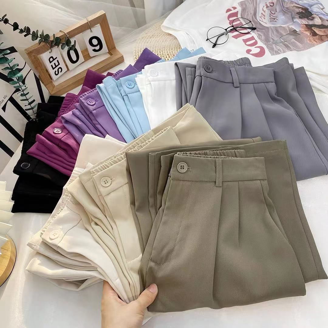 Gray ice silk wide-leg pants for women in summer, small, high-waisted, loose, slim, casual straight-leg floor-length suit pants