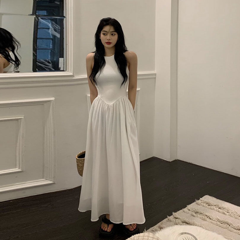 LIMO summer new Korean version loose round neck slim waist sleeveless vest mopping floor mid-length dress