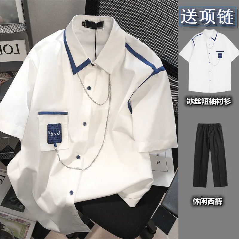 Design sense niche ins Hong Kong style contrast necklace shirt men and women summer loose Japanese chic short-sleeved top