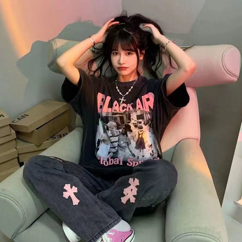 100%純棉短袖t恤女ins潮夏季寬鬆原宿風學生炸街hipho百搭上衣服