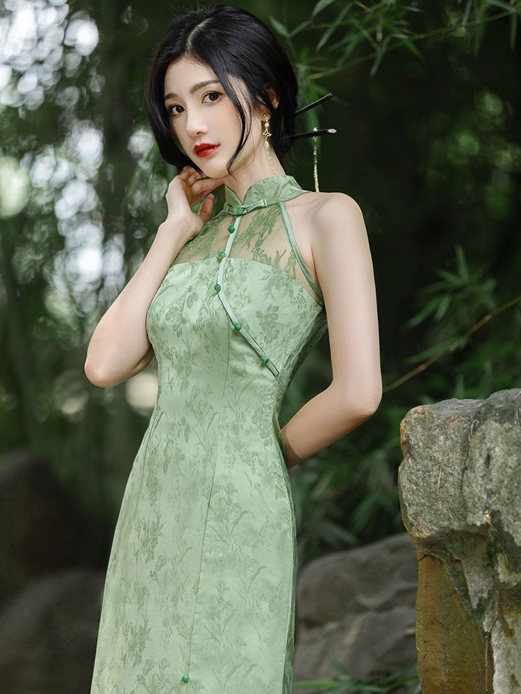 复古显白古韵感薄荷绿改良版新中式纯欲风高级感收腰显气质旗袍裙