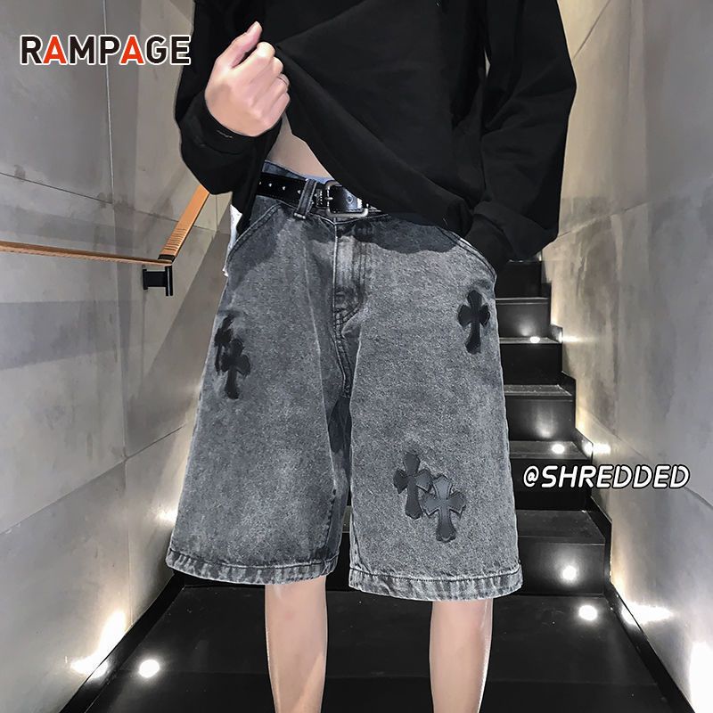 RAMPAGE牛仔短裤男夏季港风十字架高街青少年宽松直筒休闲五分裤