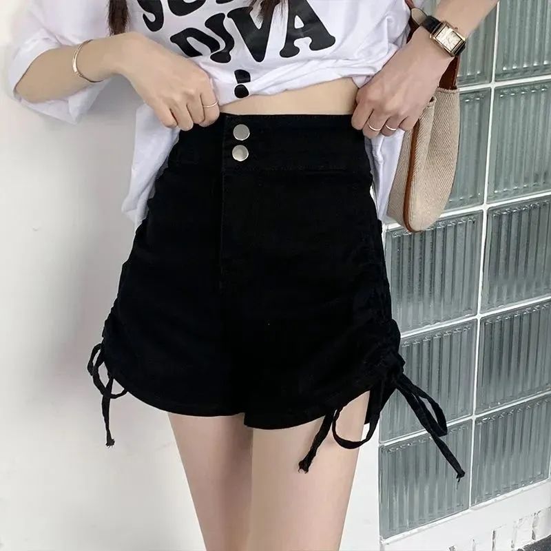 Drawstring denim shorts women's summer loose Korean version 2022 new design hot girl high waist slim a-line hot pants women
