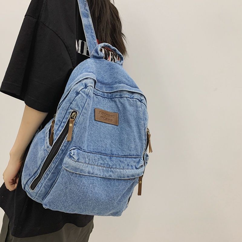 Washed denim backpack female Japanese ins style street trend simple all-match college student schoolbag travel backpack