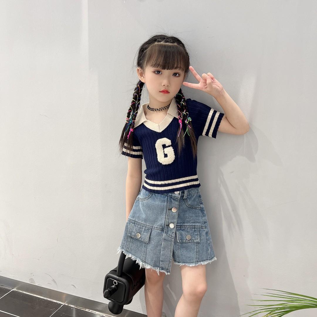 女童短袖套裝夏裝2022洋氣新款中大兒童夏季女孩牛仔短褲兩件套潮