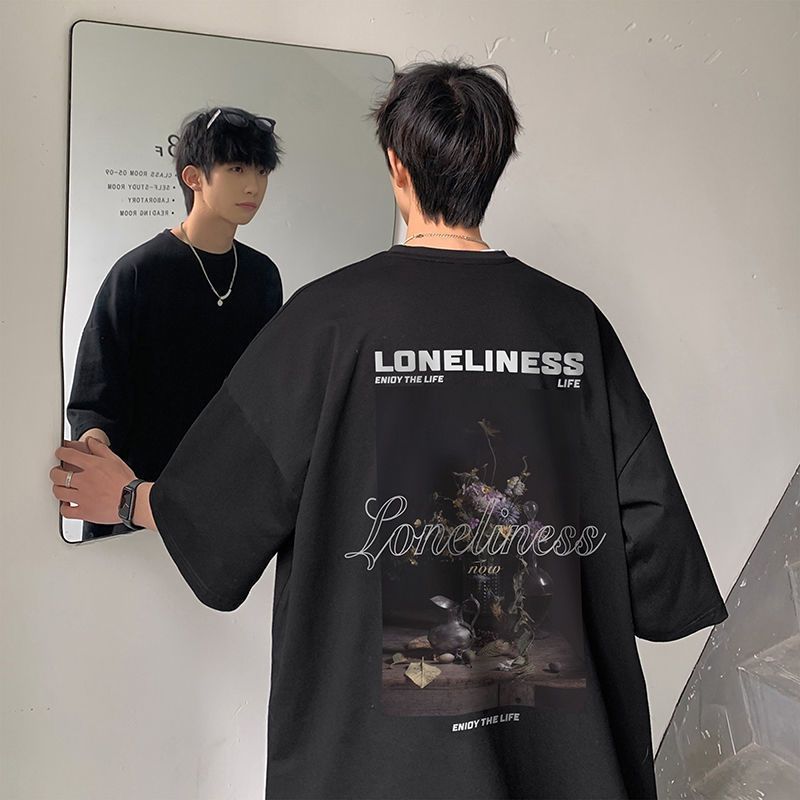 純棉復古短袖男t恤ins潮流hiphop黑色半袖設計感小眾潮牌圓領體恤