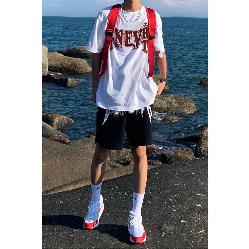 100%純棉短袖t恤男夏季潮流ins港風青少年字母印花五分袖百搭體恤