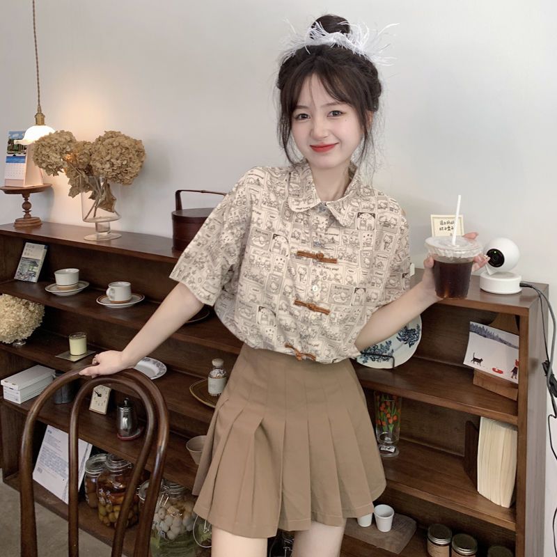 Japanese cartoon kt cat print short-sleeved shirt for women 2023 summer new style niche chic button-down shirt ins trend