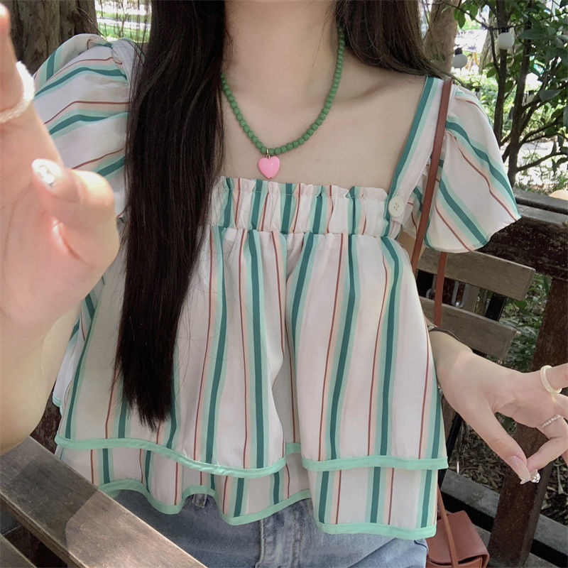 Summer Korean version of the new temperament square collar striped short flying sleeve shirt ladies French niche chiffon top