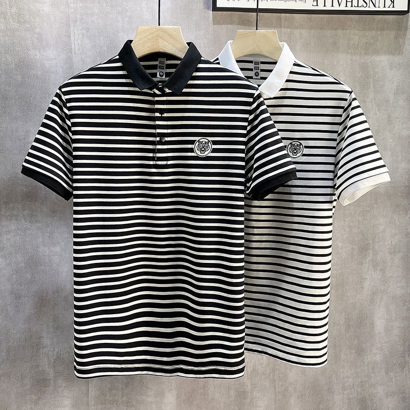 Verão oversized masculino listra bordada camisa polo versátil fino ajuste líder moda camiseta moda topo para homem_voghion.com
