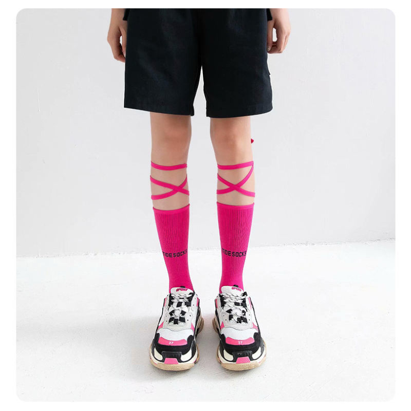 Trendy strappy sports socks long tube ins wind summer sports cotton socks fluorescent strappy night running cycling sports socks absorb sweat