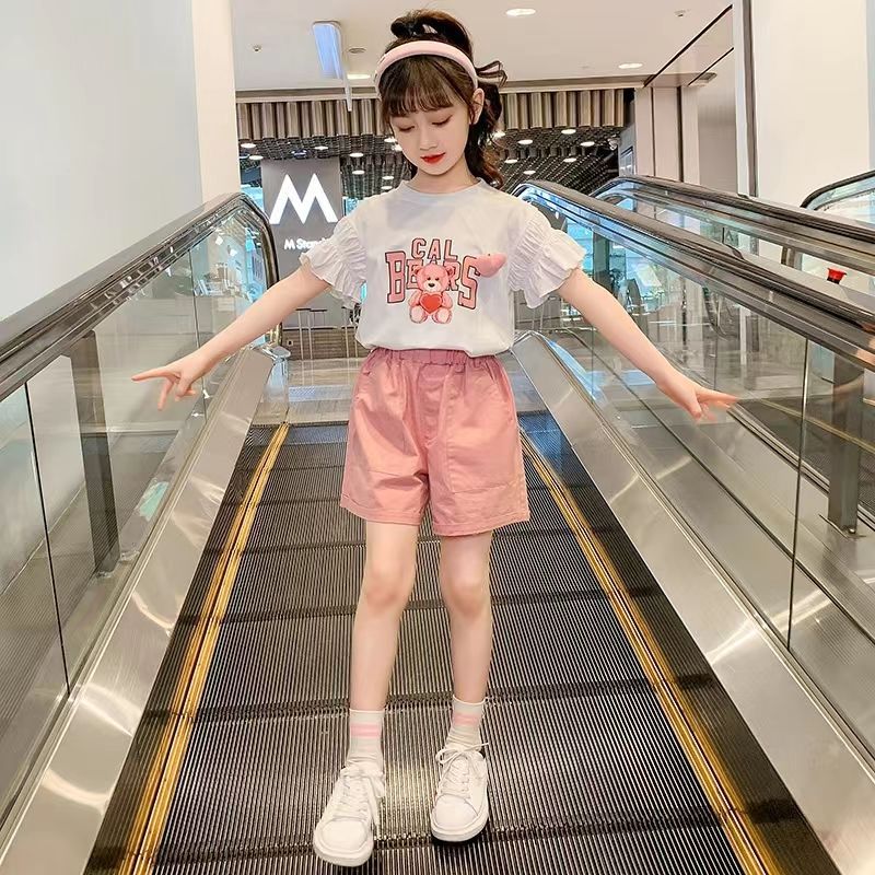Girls' summer suit 2022 new children's foreign style net red short-sleeved medium and large children's clothing girl shorts two-piece suit trendy