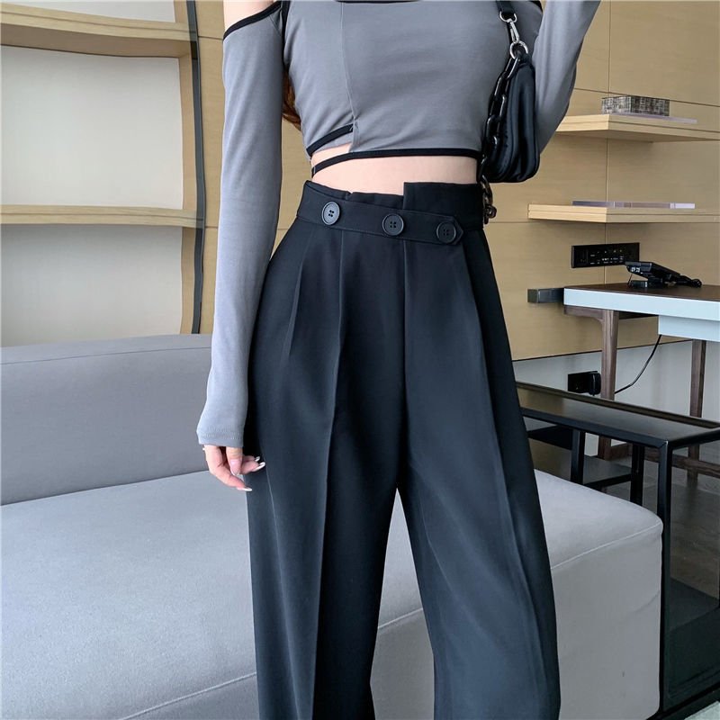 Slit wide-leg pants women's pants summer thin section high waist hanging feeling thin straight casual pants spring and autumn micro flared suit pants