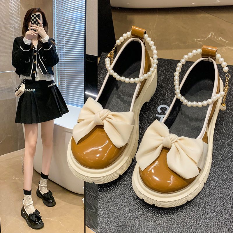 瑪麗珍小皮鞋女2022春秋新款蝴蝶結珍珠厚底百搭配裙子一字扣單鞋