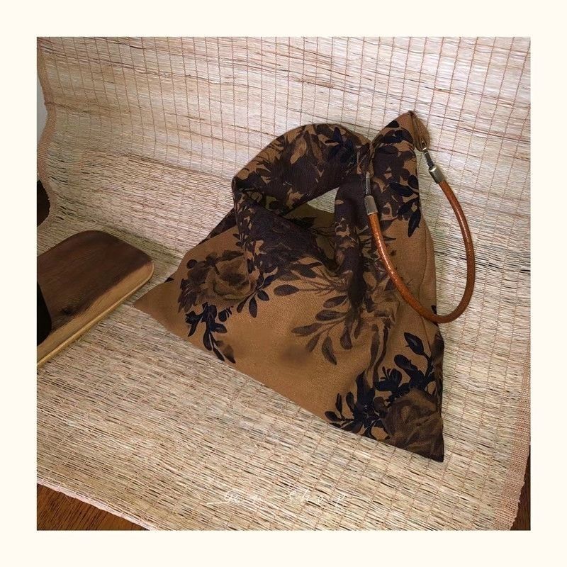 复古棉麻新中式单肩布袋包棕咖印花包旗袍风古典包