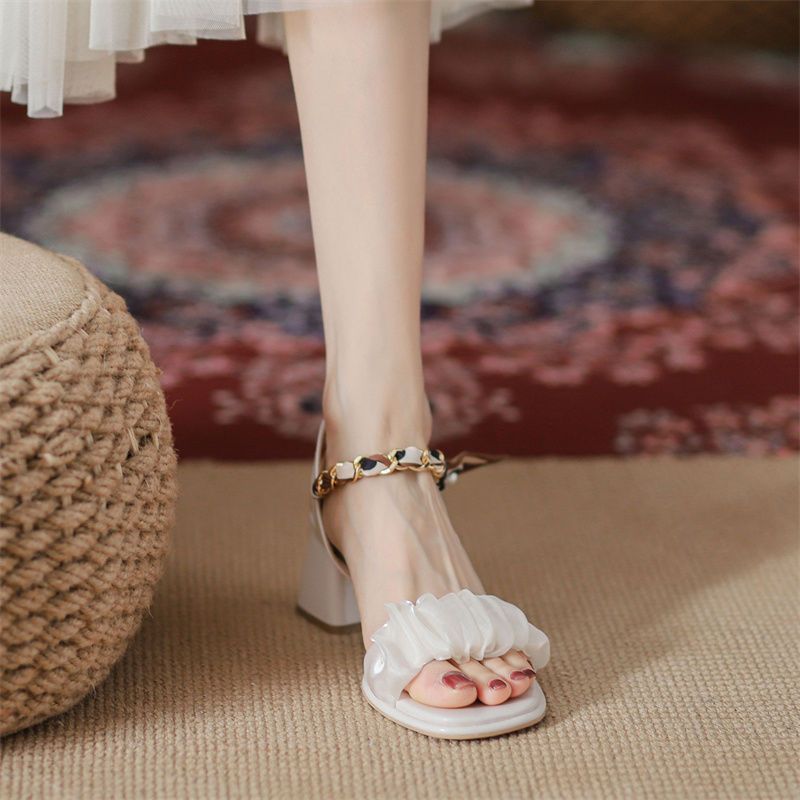 夏季新款时装凉鞋女韩版百搭粗跟仙女风一字带法式气质高跟鞋