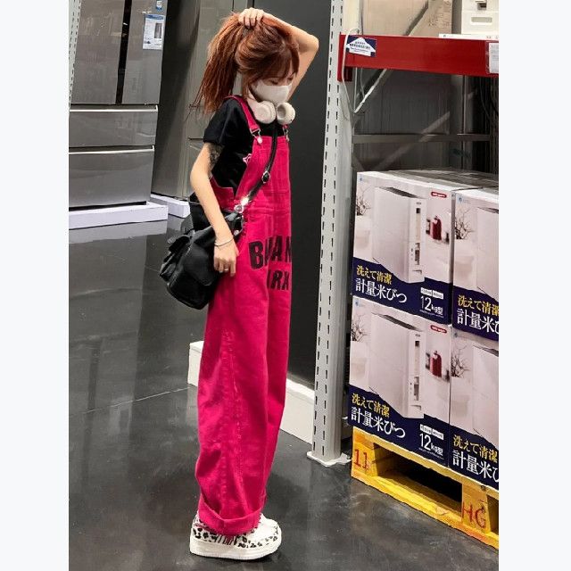 American retro rose red denim overalls women's design feeling small crowd reducing age students loose wide-leg jumpsuit trousers