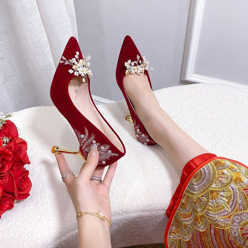 爆款新娘鞋2022年新款细跟红色婚鞋秀禾婚纱两穿中式高跟鞋结婚鞋
