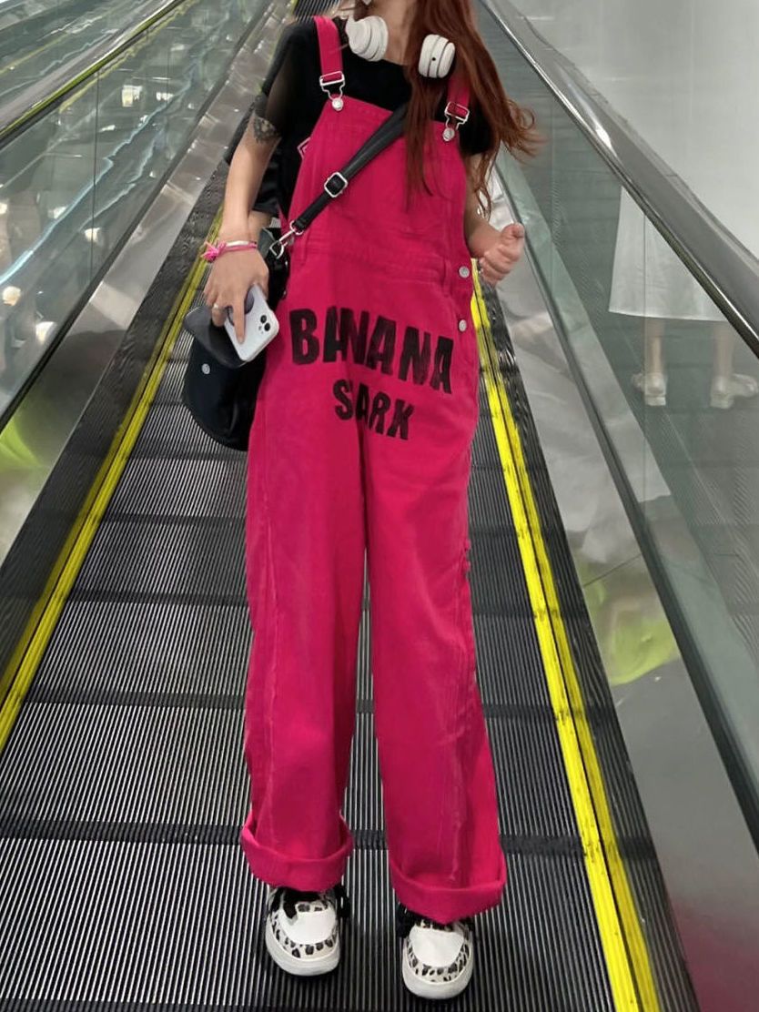 American retro rose red denim overalls women's design feeling small crowd reducing age students loose wide-leg jumpsuit trousers