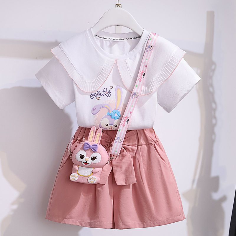 Girls' shorts suit 2023 summer new middle and big children's net red Korean version of children's thin section summer short-sleeved two-piece set