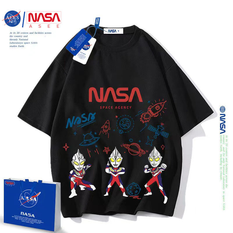NASAAES joint cotton cartoon Altman Diga short-sleeved parent-child outfit boys and girls Klein blue T-shirt top