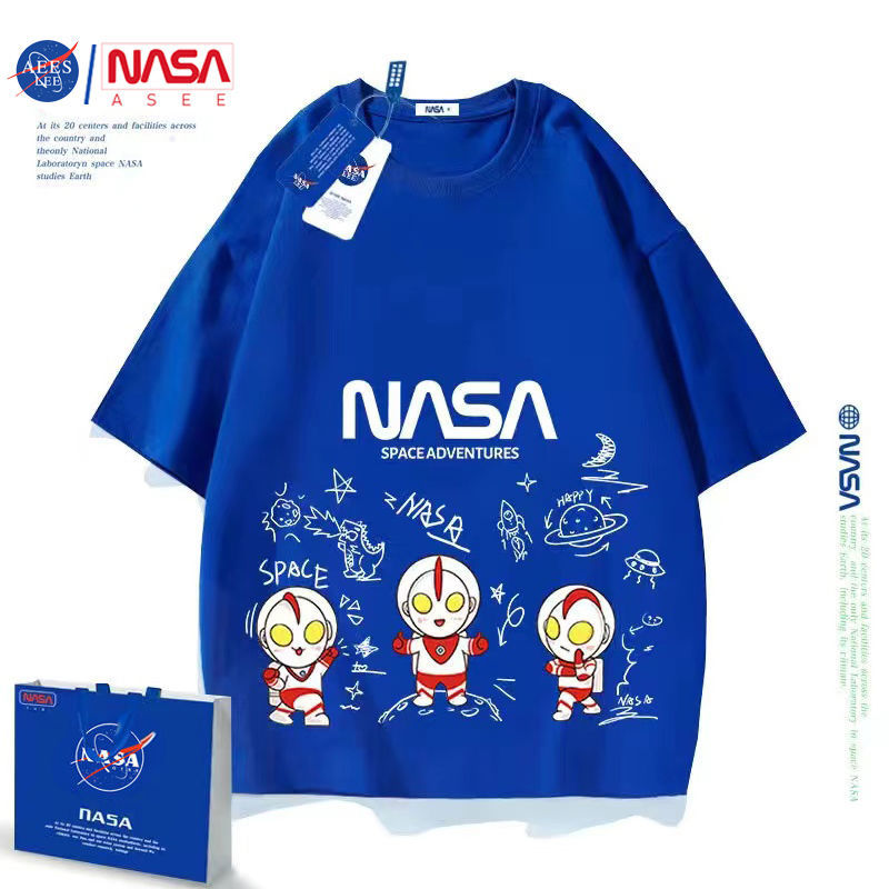 NASAAES joint cotton cartoon Altman Diga short-sleeved parent-child outfit boys and girls Klein blue T-shirt top